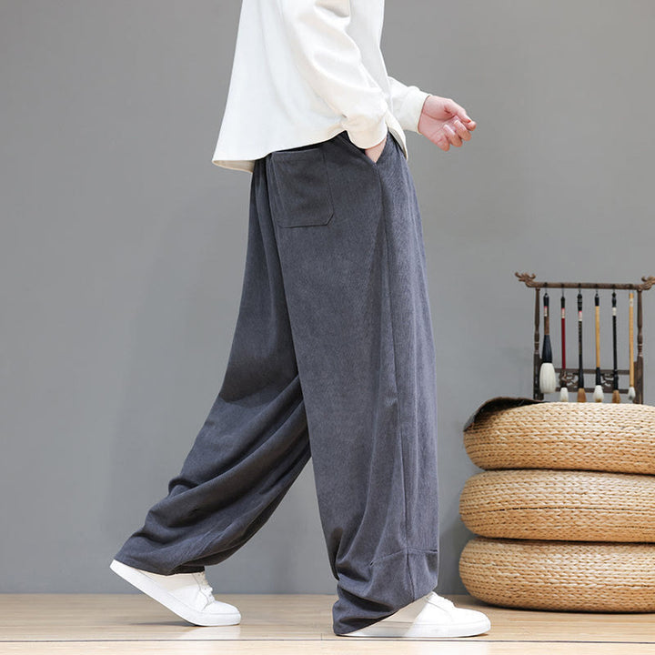 Buddha Stones Plain Color Pure Cotton Corduroy Men's Harem Pants With Pockets - image 18