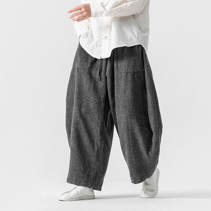 Buddha Stones Daily Solid Color Drawstring Design Men's Wide Leg Cotton Pants With Pockets - image 4