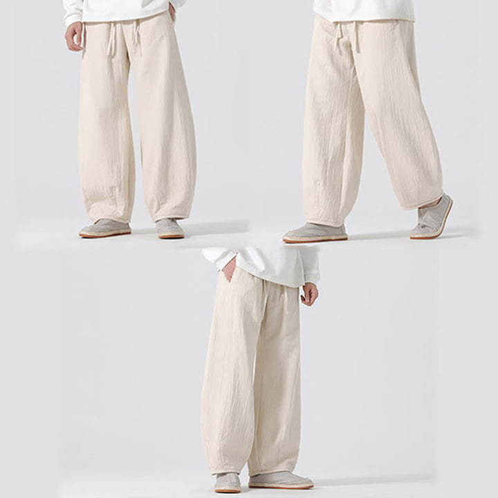 Buddha Stones Daily Drawstring Chinese Zen Style Men's Wide Leg Pure Pants With Pockets - image 8