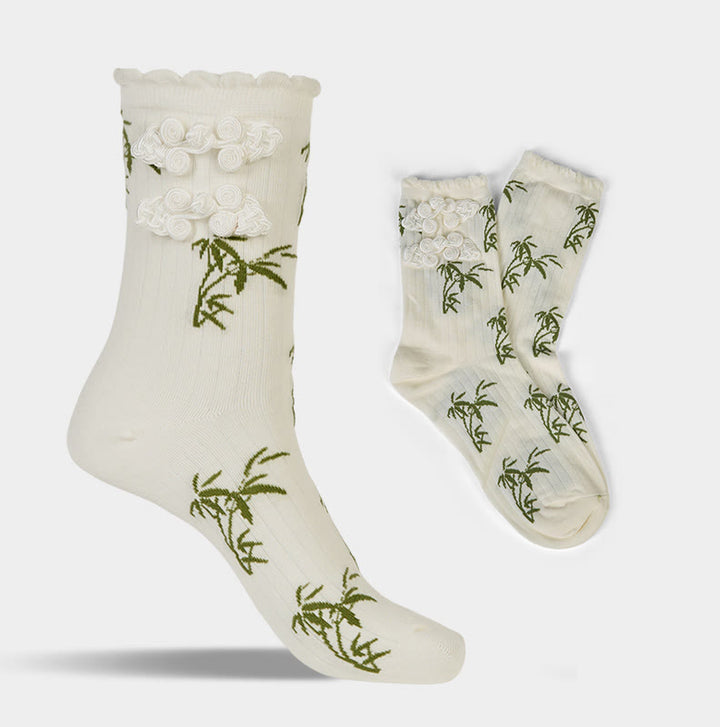 Buddha Stones Chinese Frog-Button Design Jacquard Bamboo Pattern Micro Crew Women's Socks - image 22