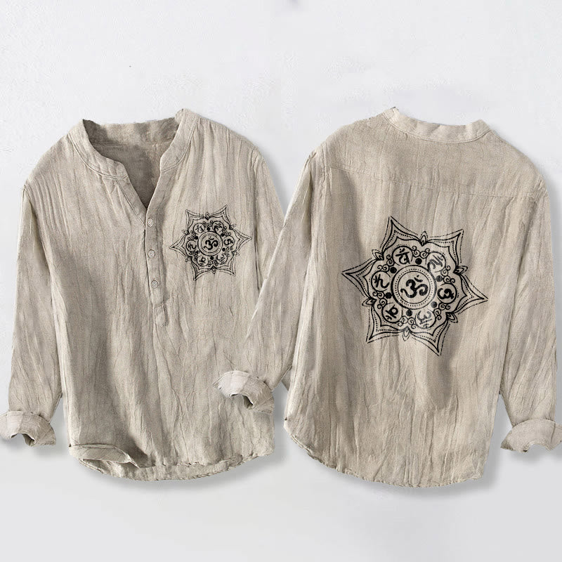 Buddha Stones Om Mani Padme Hum Mandala Half Buttons Design Long Sleeve Men's Cotton Linen Shirt - Linen - US/UK/AU50，EU60 (5XL) - image 3