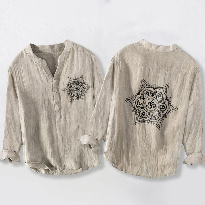 Buddha Stones Om Mani Padme Hum Mandala Half Buttons Design Long Sleeve Men's Cotton Linen Shirt - Linen - US/UK/AU50，EU60 (5XL) - image 3