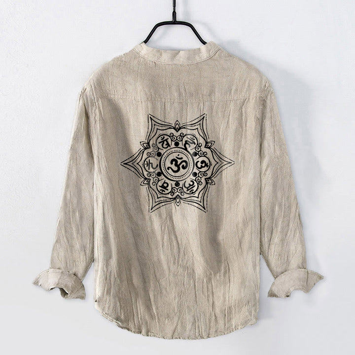 Buddha Stones Om Mani Padme Hum Mandala Half Buttons Design Long Sleeve Men's Cotton Linen Shirt - image 5