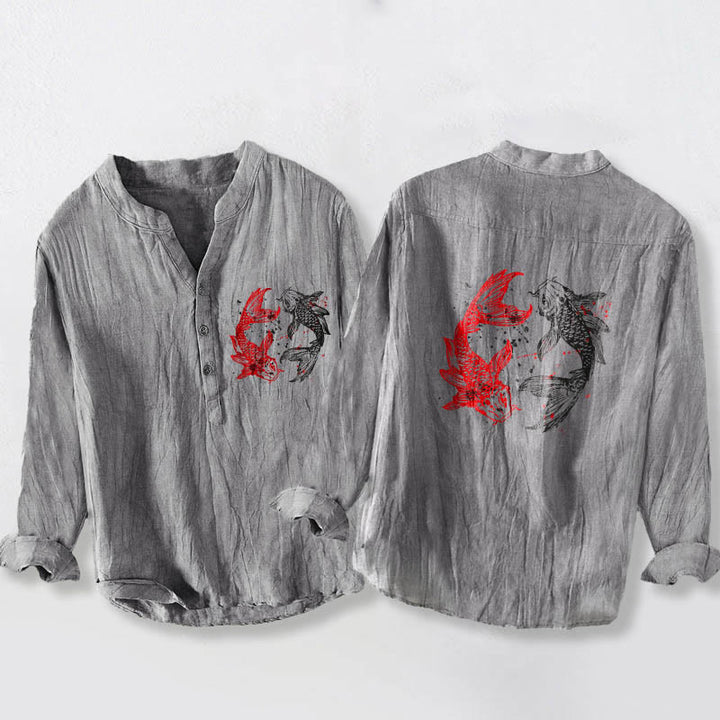 Buddha Stones Yin Yang Koi Fish Pattern Half Buttons Design Long Sleeve Men's Cotton Linen Shirt - Gray - US/UK/AU50，EU60 (5XL) - image 0
