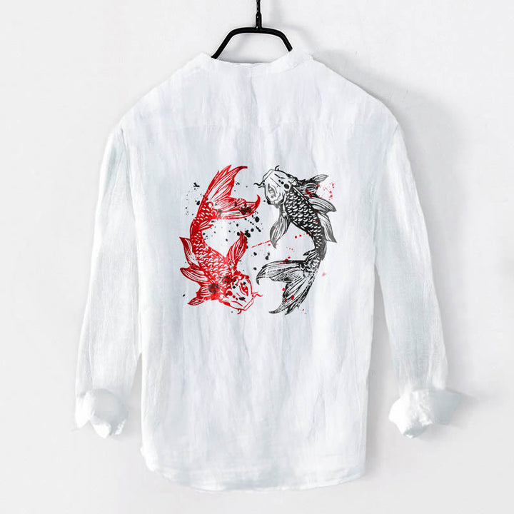 Buddha Stones Yin Yang Koi Fish Pattern Half Buttons Design Long Sleeve Men's Cotton Linen Shirt - image 5