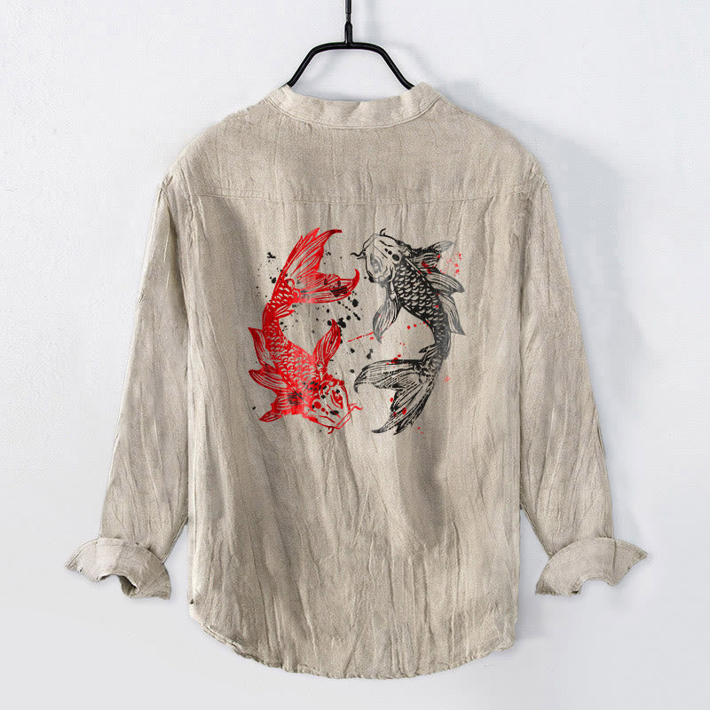 Buddha Stones Yin Yang Koi Fish Pattern Half Buttons Design Long Sleeve Men's Cotton Linen Shirt - image 8