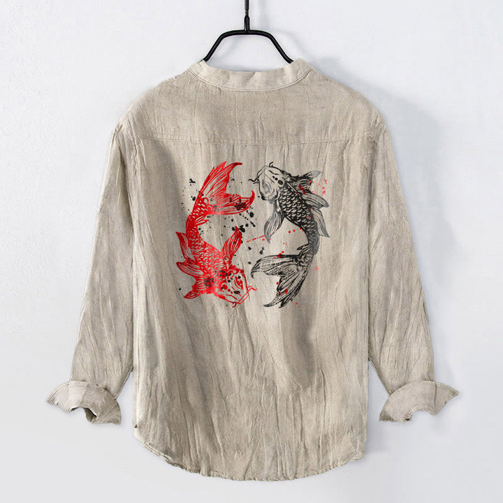 Buddha Stones Yin Yang Koi Fish Pattern Half Buttons Design Long Sleeve Men's Cotton Linen Shirt - image 8