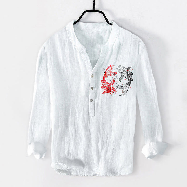 Buddha Stones Yin Yang Koi Fish Pattern Half Buttons Design Long Sleeve Men's Cotton Linen Shirt - image 4
