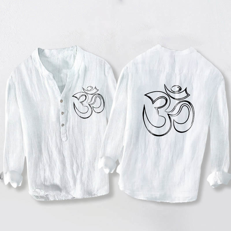 Buddha Stones Plain Om Symbol Pattern Half Buttons Design Men's Cotton Linen Long Sleeve Shirt - White - US/UK/AU50，EU60 (5XL) - image 6