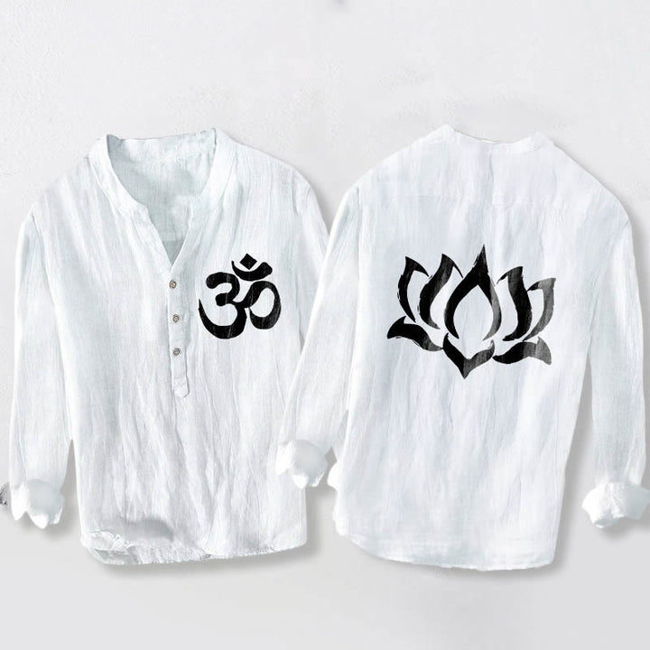Buddha Stones Lotus Om Symbol Pattern Half Buttons Design Men's Cotton Linen Long Sleeve Shirt - White - US/UK/AU50，EU60 (5XL) - image 6