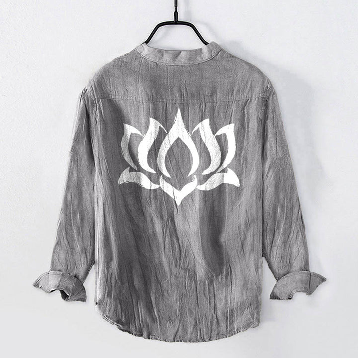 Buddha Stones Lotus Om Symbol Pattern Half Buttons Design Men's Cotton Linen Long Sleeve Shirt - image 2
