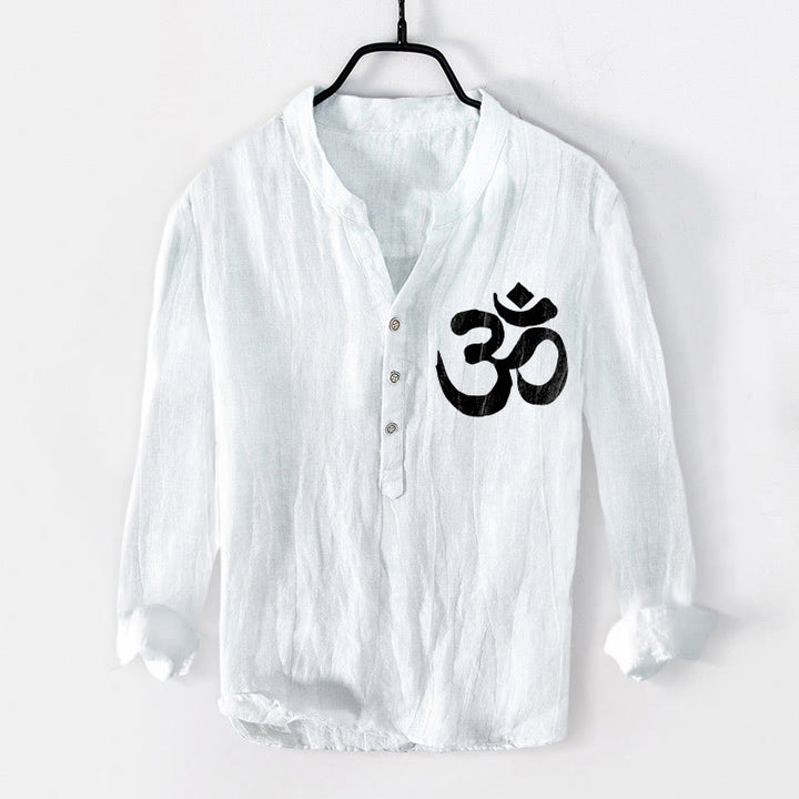 Buddha Stones Lotus Om Symbol Pattern Half Buttons Design Men's Cotton Linen Long Sleeve Shirt - image 7