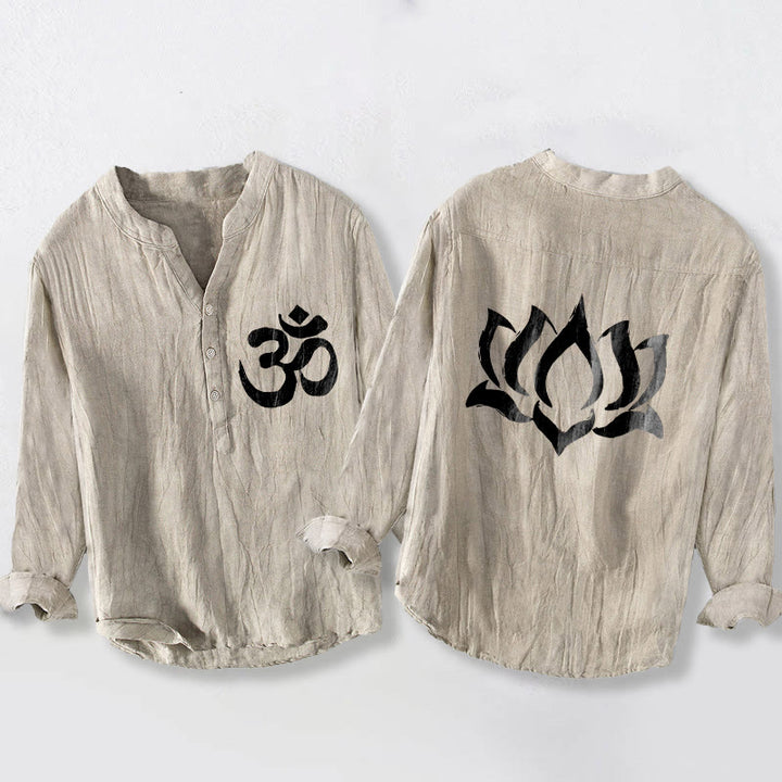 Buddha Stones Lotus Om Symbol Pattern Half Buttons Design Men's Cotton Linen Long Sleeve Shirt - Linen - US/UK/AU50，EU60 (5XL) - image 3