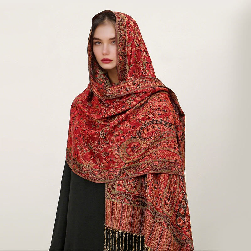 Buddha Stones Ethnic Daily Tibetan Paisley Pattern Tassel Cozy Scarf Shawl - Red - 70*180cm - image 2