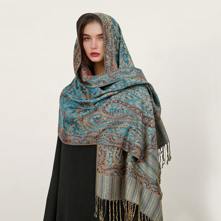 Buddha Stones Ethnic Daily Tibetan Paisley Pattern Tassel Cozy Scarf Shawl - LightSeaGreen - 70*180cm - image 22