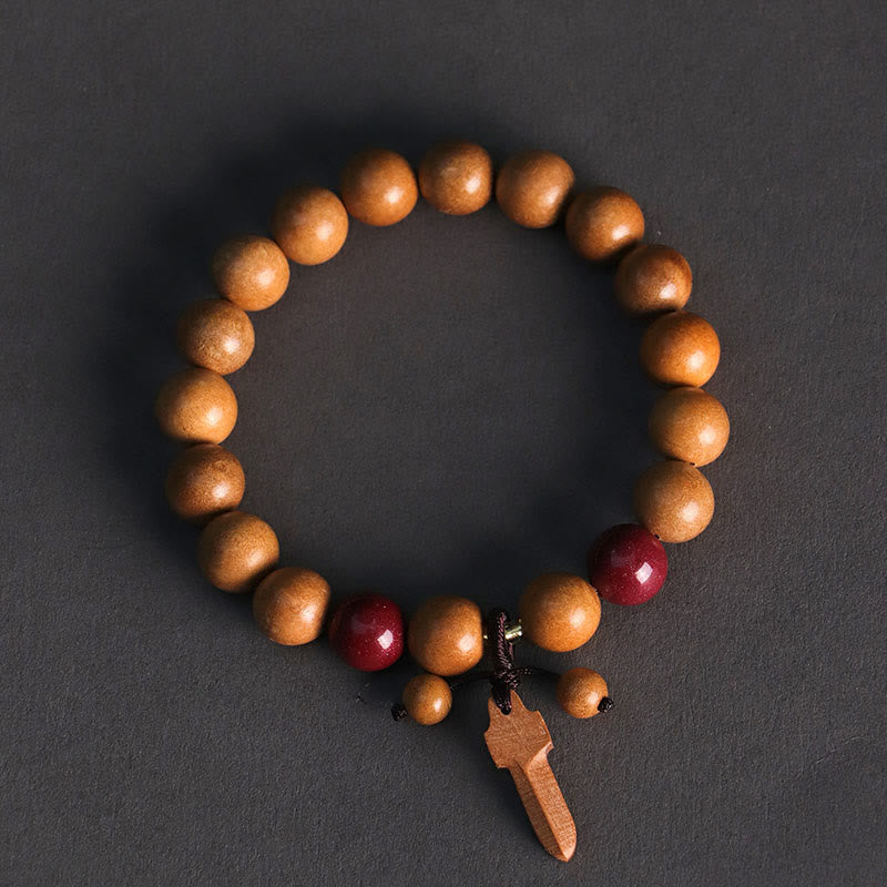 Buddha Stones Peach Wood Cinnabar Sword Charm Wealth Bracelet - image 2