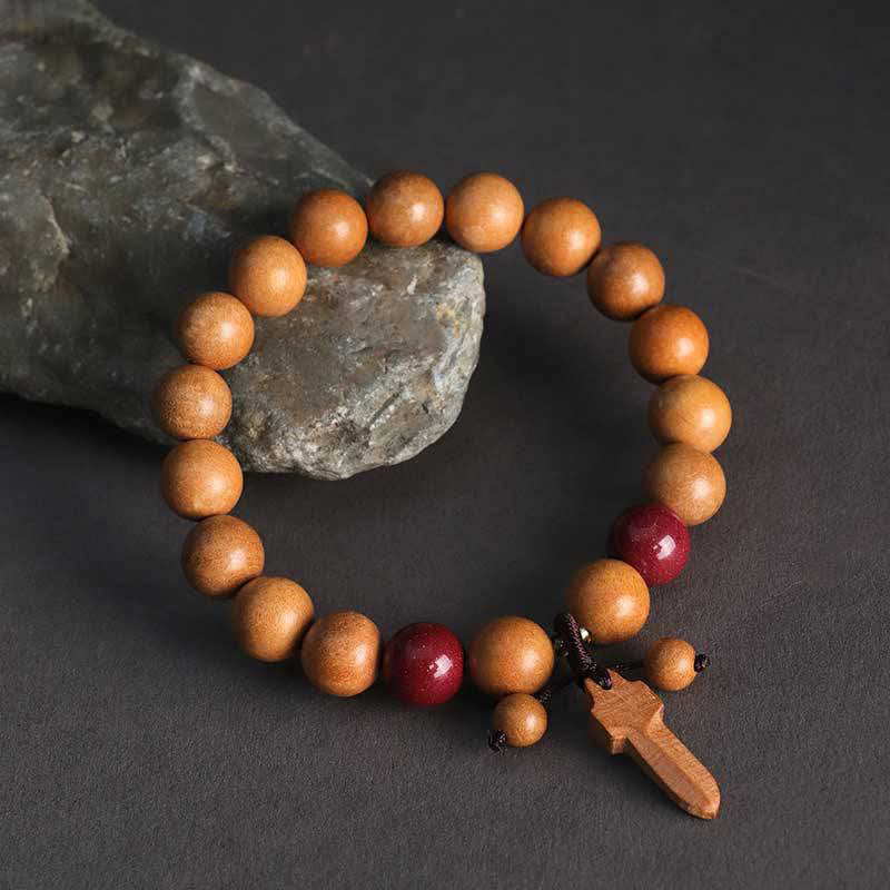 Buddha Stones Peach Wood Cinnabar Sword Charm Wealth Bracelet - 10mm Peach Wood(Wrist Circumference:15-17 cm) - image 0