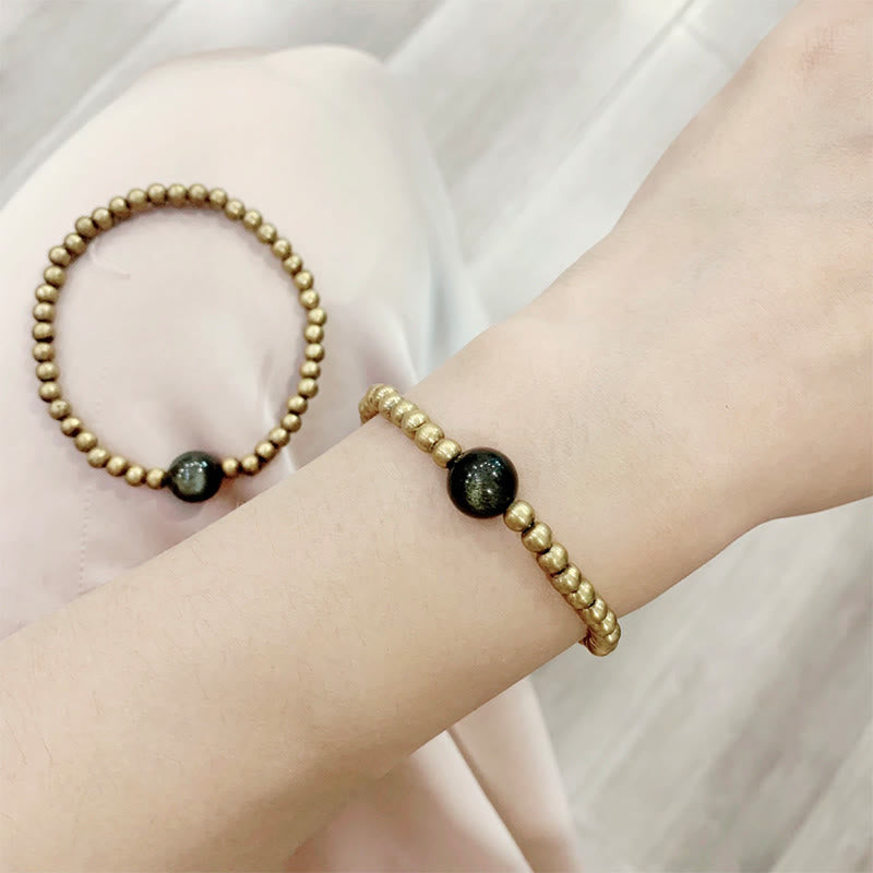 Buddha Stones Plated Copper Brass Gold Sheen Obsidian Protection Wealth Bracelet - image 2
