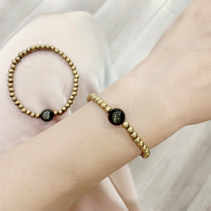 Buddha Stones Plated Copper Brass Gold Sheen Obsidian Protection Wealth Bracelet - image 2