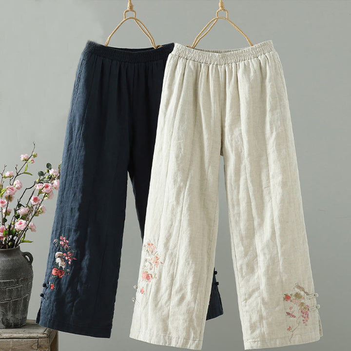 Buddha Stones Embroidered Frog Button Cotton Padded Women's Wide Leg Pants With Pockets - MidnightBlue - US8-10，UK/AU12-14，EU40-42 (2XL) - image 0