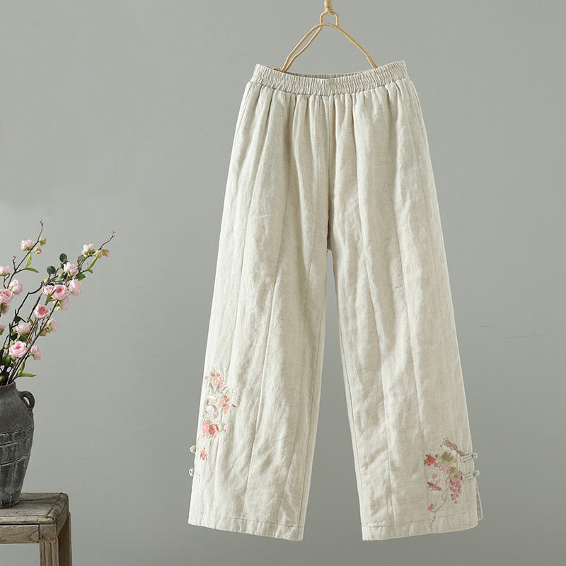 Buddha Stones Embroidered Frog Button Cotton Padded Women's Wide Leg Pants With Pockets - Beige - US8-10，UK/AU12-14，EU40-42 (2XL) - image 6