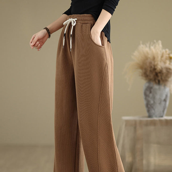 Buddha Stones Solid Color Drawstring Cotton Women's Wide Leg Pants With Pockets - image 2