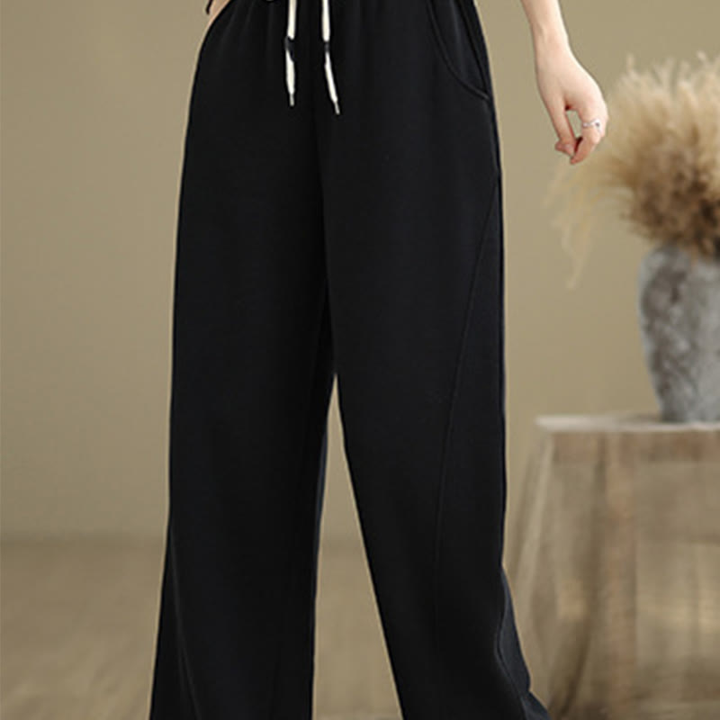 Buddha Stones Solid Color Drawstring Cotton Women's Wide Leg Pants With Pockets - image 14