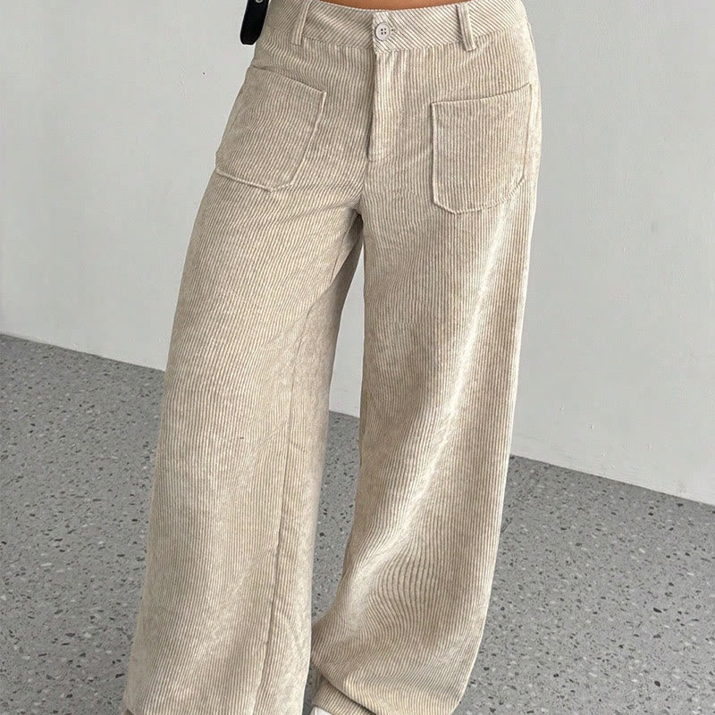 Buddha Stones Plain Corduroy Polyester Women's Buttons Wide Leg Pants With Pockets - image 2