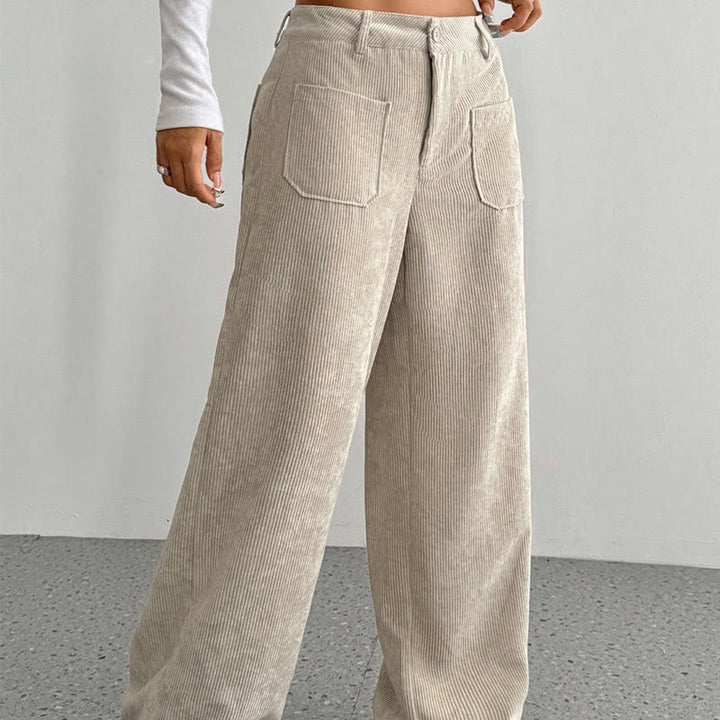Buddha Stones Plain Corduroy Polyester Women's Buttons Wide Leg Pants With Pockets - image 4