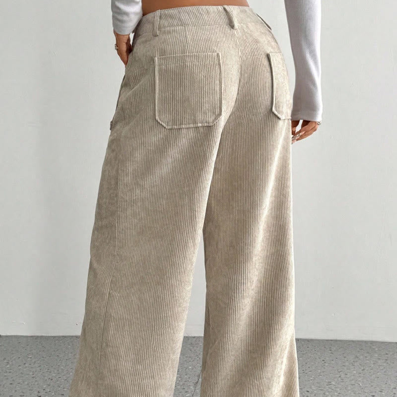 Buddha Stones Plain Corduroy Polyester Women's Buttons Wide Leg Pants With Pockets - image 3