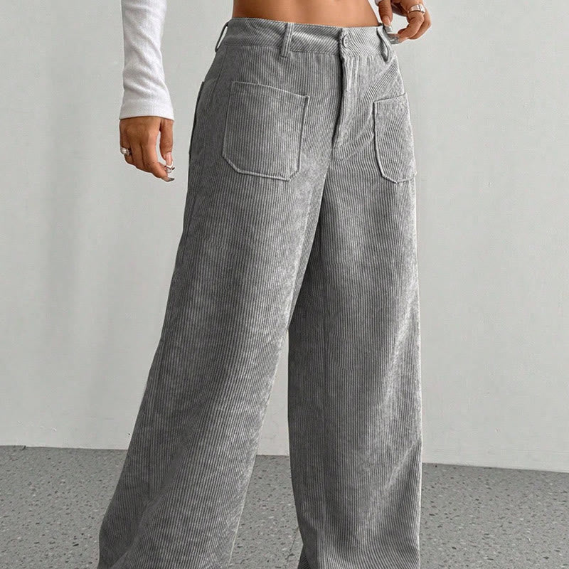 Buddha Stones Plain Corduroy Polyester Women's Buttons Wide Leg Pants With Pockets - image 11