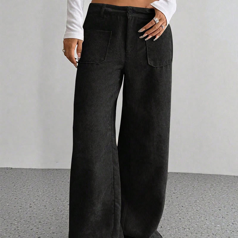 Buddha Stones Plain Corduroy Polyester Women's Buttons Wide Leg Pants With Pockets - image 22