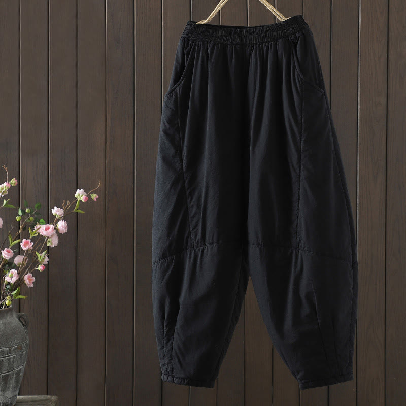 Buddha Stones Plain Warm Cotton-padded Women's Harem Cotton Pants With Pockets - Black - US8-10，UK/AU12-14，EU40-42 (2XL) - image 12