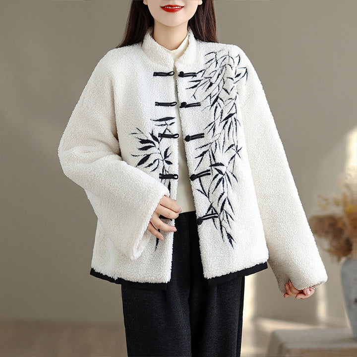 Buddha Stones Women's Embroidered Long Sleeve Thickened Cotton Jacket With Pockets - White - US16，UK/AU20，EU48 (3XL) - image 0