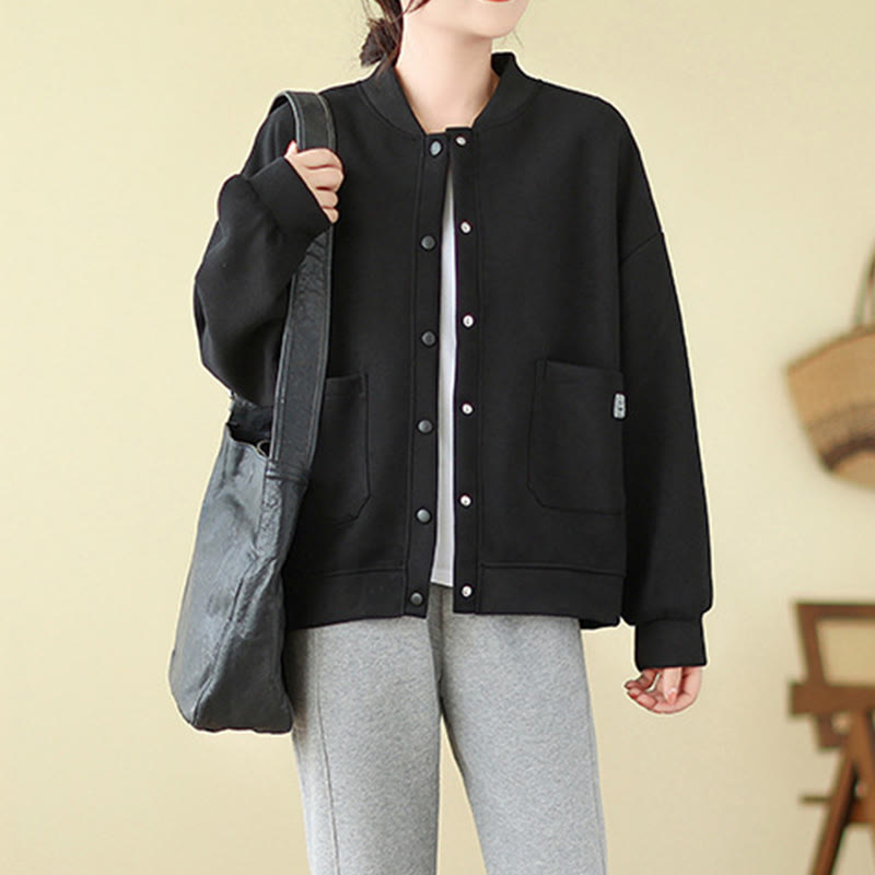 Buddha Stones Plain Women's Buttons Crew Neck Long Sleeve Cotton Jacket With Pockets - image 6