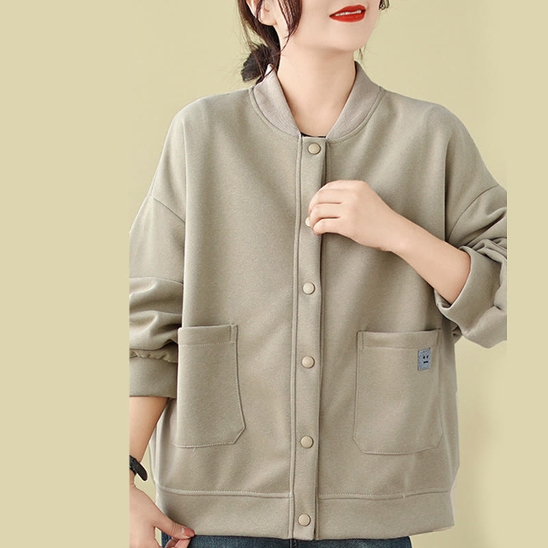Buddha Stones Plain Women's Buttons Crew Neck Long Sleeve Cotton Jacket With Pockets - image 9