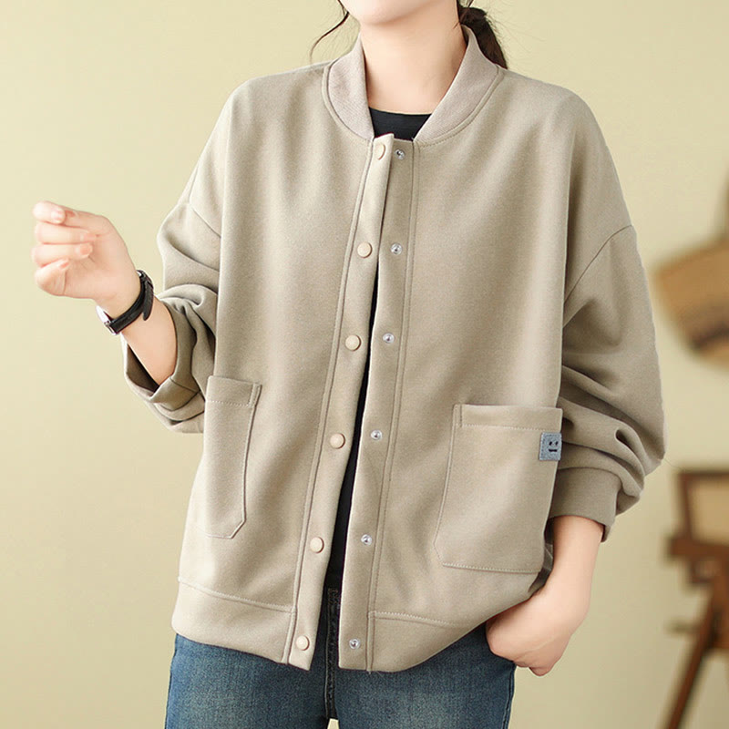 Buddha Stones Plain Women's Buttons Crew Neck Long Sleeve Cotton Jacket With Pockets - image 12