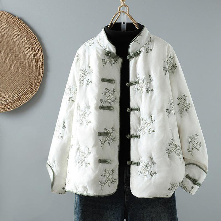 Buddha Stones Women's Embroidery Frog-button Long Sleeve Thicken Jacket With Pockets - White - US14，UK/AU18，EU46 (2XL) - image 1