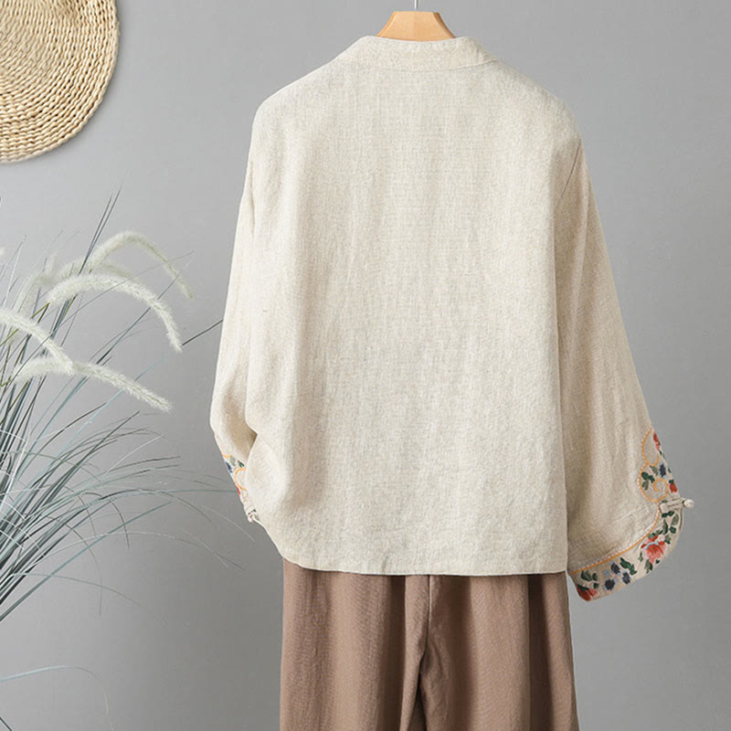 Buddha Stones Casual Women's Embroidery Long Sleeve Stand Collar Cotton Shirt - image 2
