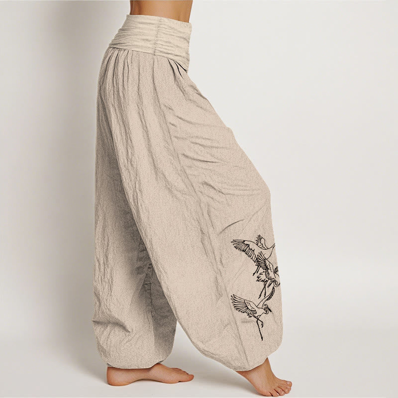 Buddha Stones Flying Crane Pattern Women's Elastic Waist Harem Cotton Pants - image 12