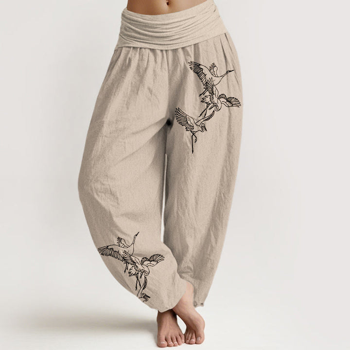 Buddha Stones Flying Crane Pattern Women's Elastic Waist Harem Cotton Pants - Tan - US22，UK/AU26，EU54 (6XL) - image 11