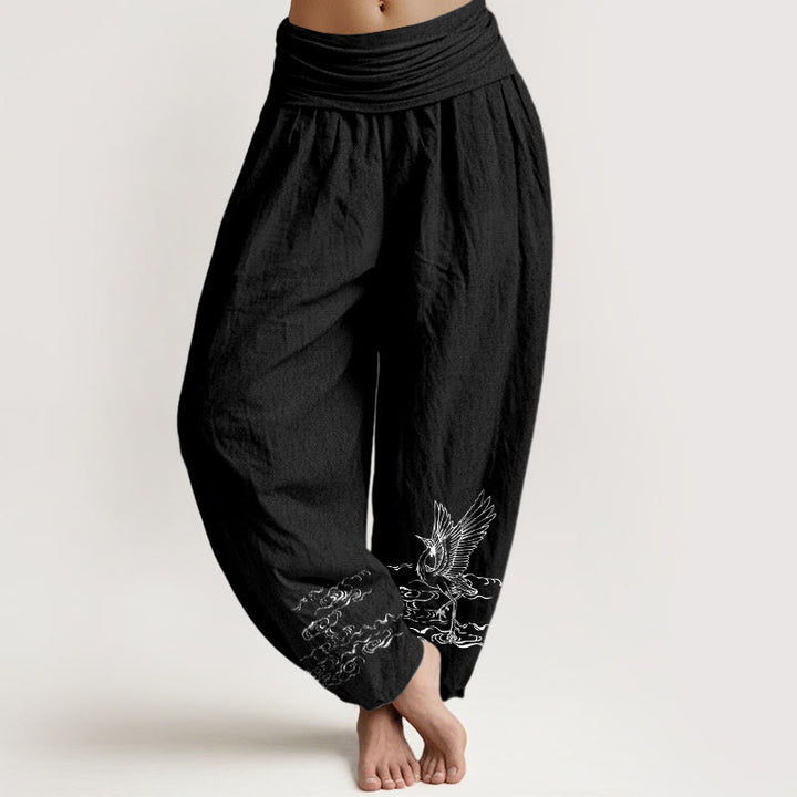 Buddha Stones Crane Flowing Water Pattern Women's Elastic Waist Harem Cotton Pants - Black - US22，UK/AU26，EU54 (6XL) - image 5