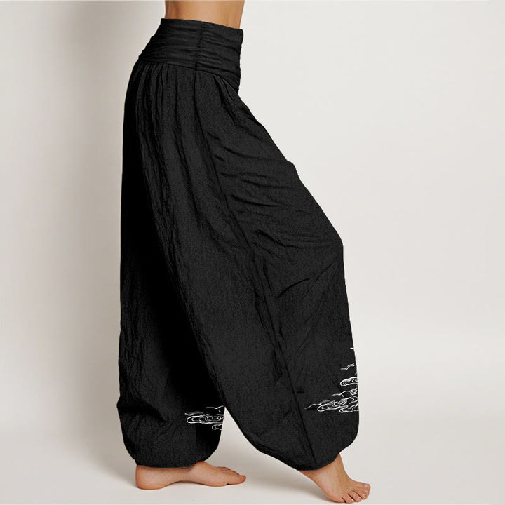 Buddha Stones Crane Flowing Water Pattern Women's Elastic Waist Harem Cotton Pants - image 6