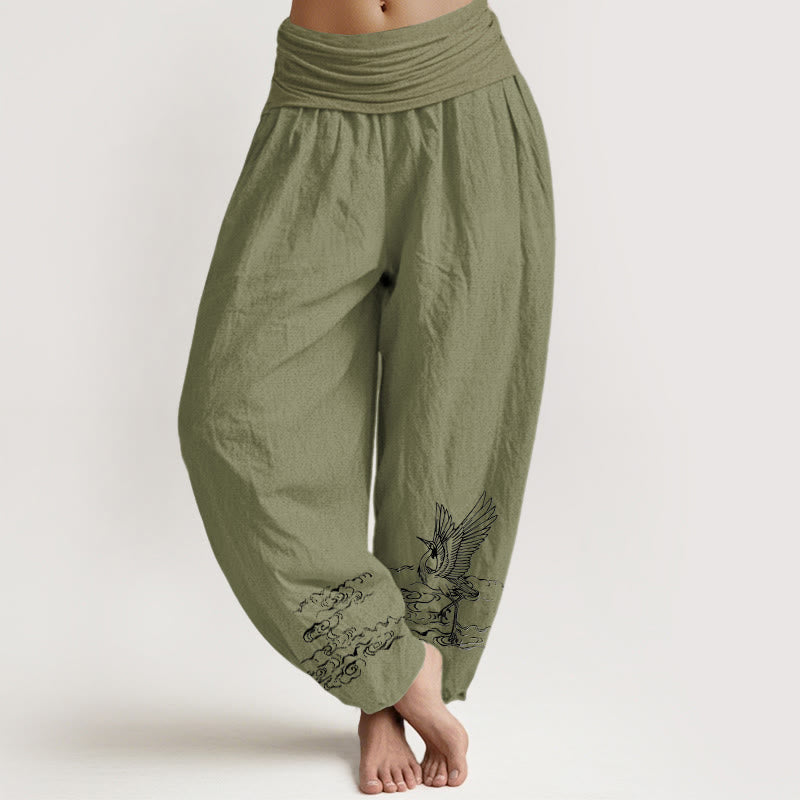 Buddha Stones Crane Flowing Water Pattern Women's Elastic Waist Harem Cotton Pants - OliveDrab - US22，UK/AU26，EU54 (6XL) - image 14