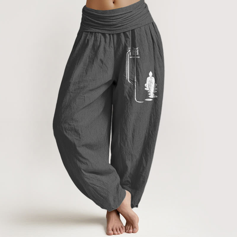 Buddha Stones Zen Buddhist Pattern Women's Elastic Waist Harem Cotton Pants - DimGray - US22，UK/AU26，EU54 (6XL) - image 8