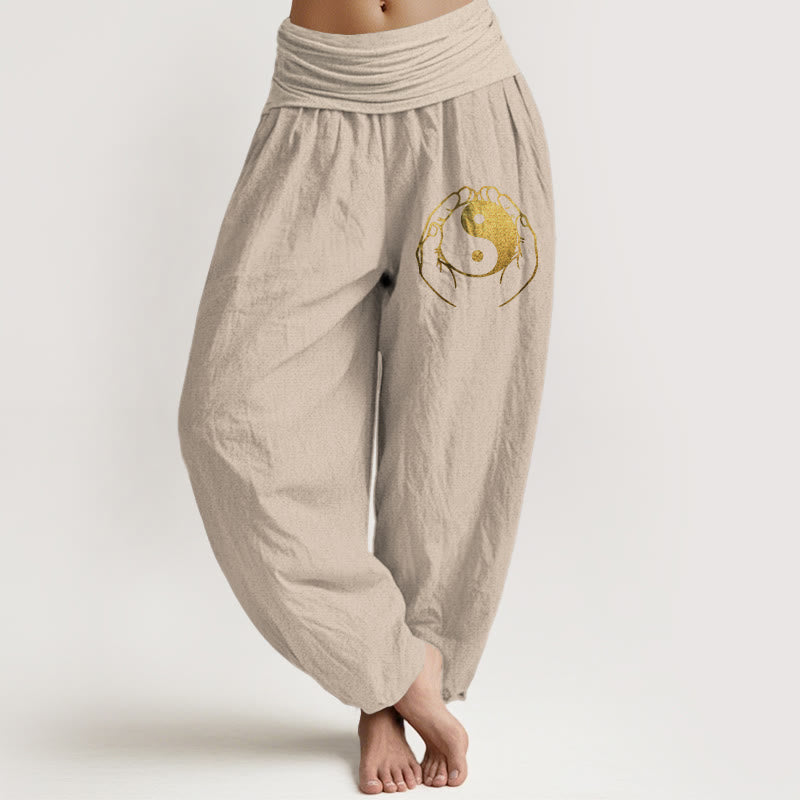 Buddha Stones Yin Yang Hand Pattern Women's Elastic Waist Harem Cotton Pants - Tan - US22，UK/AU26，EU54 (6XL) - image 11