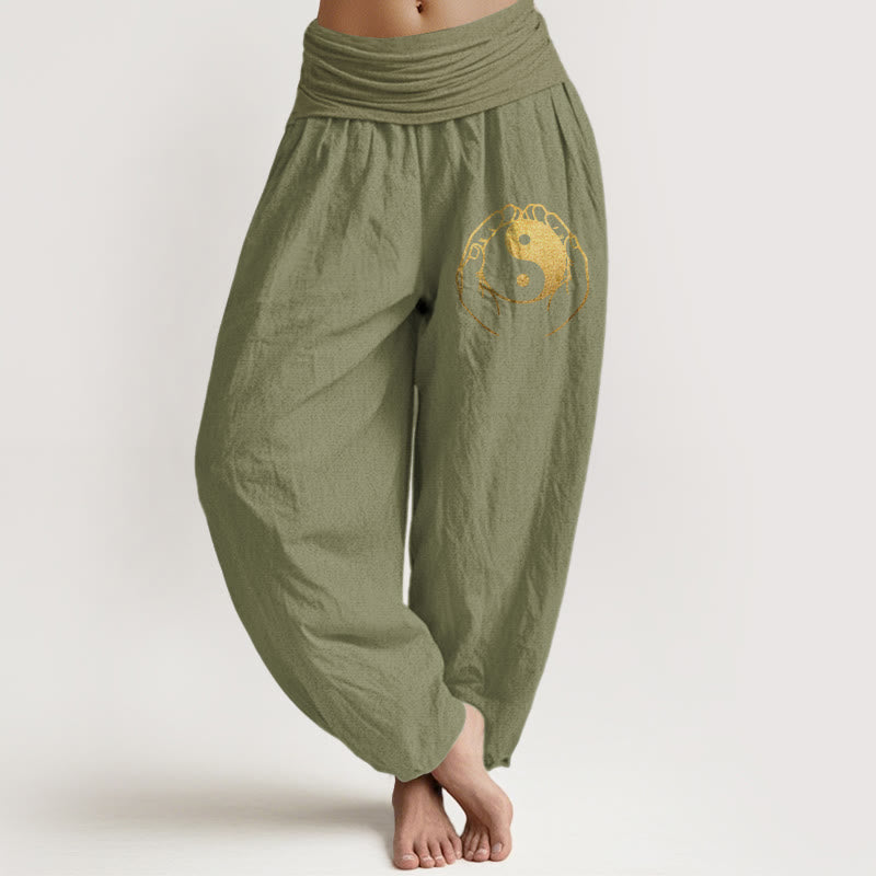 Buddha Stones Yin Yang Hand Pattern Women's Elastic Waist Harem Cotton Pants - OliveDrab - US22，UK/AU26，EU54 (6XL) - image 14