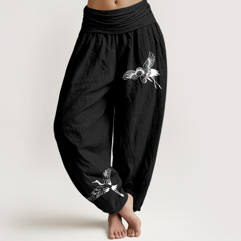 Buddha Stones Flying Red-crowned Cranes Pattern Women's Elastic Waist Harem Cotton Pants - Black - US22，UK/AU26，EU54 (6XL) - image 0