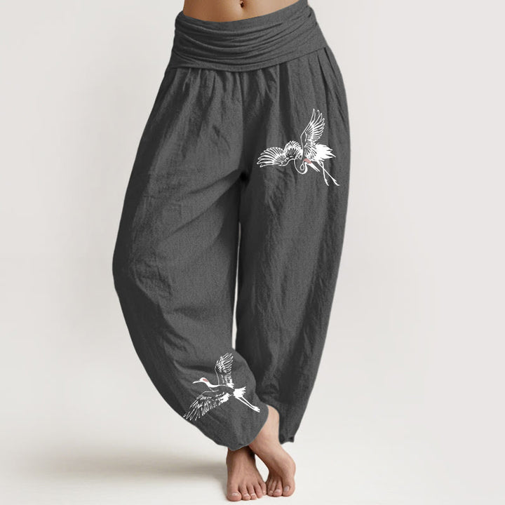 Buddha Stones Flying Red-crowned Cranes Pattern Women's Elastic Waist Harem Cotton Pants - DimGray - US22，UK/AU26，EU54 (6XL) - image 8