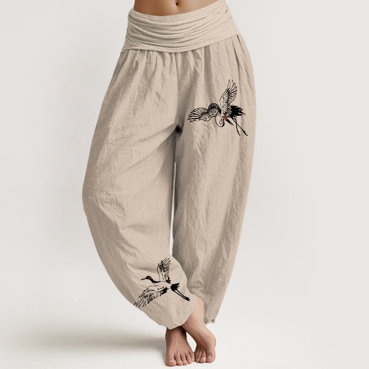 Buddha Stones Flying Red-crowned Cranes Pattern Women's Elastic Waist Harem Cotton Pants - Tan - US22，UK/AU26，EU54 (6XL) - image 11